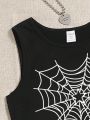 Teen Girl's Casual Spider Web Pattern Sleeveless Camisole Top, Perfect For Summer