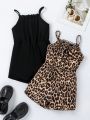 SHEIN Kids EVRYDAY Little Girls' Leopard Print Elastic Waistband Jumpsuit With Adjustable Straps