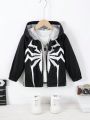 SHEIN Boys' Casual Outdoor Spider Print Zipper Hooded Jacket For Autumn