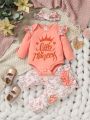 Baby Girls' Letter Printed Long Sleeve Top And Floral Printed Pants Set
