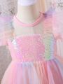 SHEIN Kids EVRYDAY Little Girls' Short Sleeve Sequin Mesh Patchwork Dress For Romantic Party