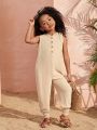 SHEIN Kids Cooltwn Young Girl's Daily Casual Sleeveless Jumpsuit With Hood For Spring And Summer