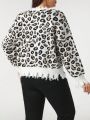 Plus Size Women's Leopard Print Hem Distressed Sweater