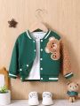 Baby Boy Bear Patched Striped Trim Varsity Jacket Without Tee