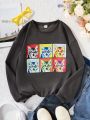 SHEIN Kids Nujoom Tween Girls' Cool Cat Printed Round Neck Knitted Sweatshirt