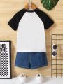 SHEIN Boys' Casual Color Block Short Sleeve T-shirt, Regular Fit, Suitable For Daily Wear In Autumn And Winter