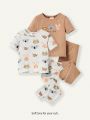 Cozy Cub Baby Girl Snug Fit Pajama Set With Cute Rabbit, Fox, And Koala Print Short Sleeve Round Neck Top & Footed Pants