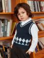 Boys' Geometric Pattern Striped V-Neck Sweater Vest With Trim