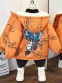 Young Boy Dinosaur Pattern Fleece Lined Zipper Hooded Jacket For Warmth