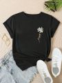 SHEIN LUNE Daisy Floral And Letter Graphic Tee