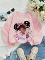 Tween Girls' Casual Patterned Long Sleeve Pullover Sweatshirt With Round Neckline, Suitable For Autumn/Winter