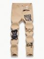 SHEIN Tween Boy Fashionable High Stretch Slim Fit Ripped Jeans, Cute Bear & Letter Print, Water Washed