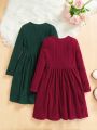 SHEIN Kids EVRYDAY Tween Girls' Knitted Solid Color Texture Round Neck Slim Fit Casual Dress, 2pcs/Set