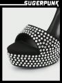 Sugerpunk Thick Platform Waterproof Chunky Heel Black Sandals With Rhinestone Detailing, Peep Toe