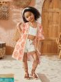 SHEIN Young Girls' Everyday Casual Patchwork Weave & Flower Printed Short Sleeve Kimono