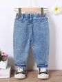 Baby Girl Floral Embroidery Elastic Waist Jeans