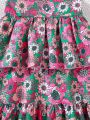 Girls' Digital Print Sleeveless Ruffle Hem Dress