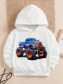 Toddler Boys' Casual Hoodie With Cartoon Car Print And Plush Lining