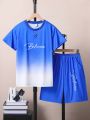 Teenage Boys' Ombre Letter Printed T-Shirt And Shorts 2pcs/Set