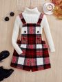 SHEIN Kids Cooltwn Tween Girl Plaid Print Overall Romper Without Sweater