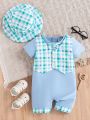 Baby Boy'S Fashionable Gentlemen Fresh Plaid Short Sleeve Romper With Shorts And Hat Set For Spring & Summer