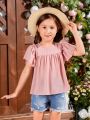 SHEIN Kids EVRYDAY Young Girl's Woven Solid Color Loose Fit Casual Blouse With Ruffle Hem