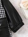 Baby Girls' Color Block Houndstooth Coat With Flap Pocket And Pu Leather Panel