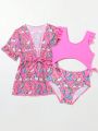 Young Girl Cartoon Unicorn Print Hollow Out One-Piece Swimsuit + Kimono Style Cover-Up