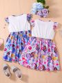 SHEIN Kids QTFun Little Girls' Cute Printed Flying Sleeve Dress With Ruffle Hem, Suitable For Spring And Summer Holidays