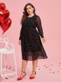 SHEIN Clasi Plus Size Women's Valentine's Day Love Heart Pattern Mesh Overlay Dress