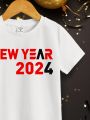 SHEIN Young Boys' Casual 2024 New Year Printed Short Sleeve Round Neck T-Shirt Suitable For Summer