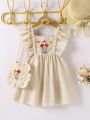 SHEIN Kids Nujoom Toddler Girls' Embroidered Floral Pattern Asymmetrical Ruffle Hem Dress With Flower Mini Bag