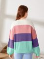 SHEIN Teenage Girls' Color Block Casual Loose Fit Round Neck Sweater With Long Sleeves