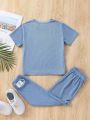 SHEIN 2pcs/Set Toddler Boys' Letter Patch Short Sleeve T-Shirt And Pants
