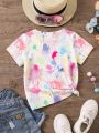 SHEIN Kids Cooltwn Little Girls' Tie-Dye Cartoon Letter Printed T-Shirt