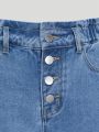 Tween Girls' Denim Shorts With Multiple Buttons And Rolled Hem In Washed Blue Color