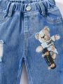 Baby Boy Bear Print Ripped Roll Up Hem Jeans