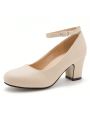 Women's Ankle Strap Low Block Chunky Heels Pumps Closed Round Toe Dress Wedding Office Work Shoes