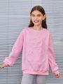 SHEIN Kids EVRYDAY Big Girls' Solid Color Loose Fit Drop Shoulder Casual Sweatshirt With Embossed Bear Pattern