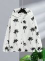 SHEIN Kids SUNSHNE Boys' Tropical Coconut Tree Print Hooded Loose Weave Jacket With Zipper, Suitable For Holiday