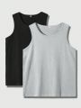 2pcs Men'S Solid Color Warm Vest Top With Round Neckline