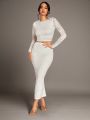 SHEIN BAE White Lace Long-Sleeved Top And Long Skirt Women Two Piece Sets Spring Clothes Valentines Clothes