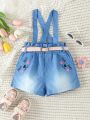 SHEIN Kids Y2Kool Girls' Denim Overall Shorts With Cartoon Embroidery