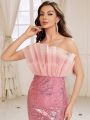 SHEIN Belle Shiny Sequin Patchwork Pleated Mesh Backless Strapless Evening Dress For Women (heavy Model)