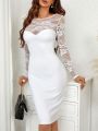 SHEIN Privé Elegant Lace Paneled White Dress For Women