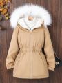 Teen Girl 1pc Zip Up Fuzzy Trim Thermal Hooded Winter Coat