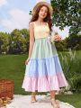 SHEIN Teen Girls Colorblock Striped Tiered Layer Cami Dress