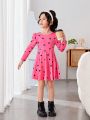 SHEIN Kids QTFun Toddler Girls' Heart Print Bubble Sleeve Hollow Out Back With Bowknot Decoration Dress
