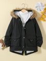 SHEIN Tween Girl Flap Pocket Fuzzy Trim Hooded Thermal Lined Coat