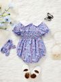Elegant Floral Printed Knitting Contrast Color Peter Pan Collar Jumpsuit For Baby Girls, Cute & Versatile, Suitable For Traveling